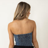 Denim Strapless Button Up Corset Top for Women in Blue