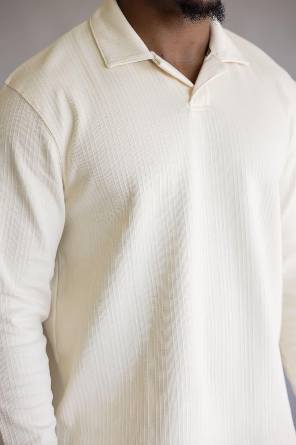 Denim & Flower Long Sleeve Polo Shirt for Men in Cream