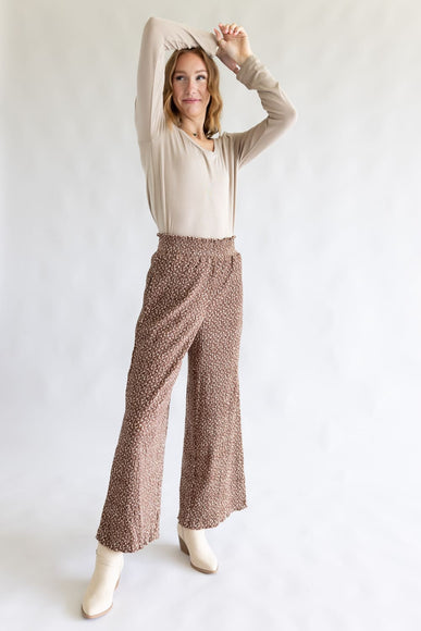 Ditsy Floral Smocked Waist Wide Leg Pants for Women in Chocolate Floral