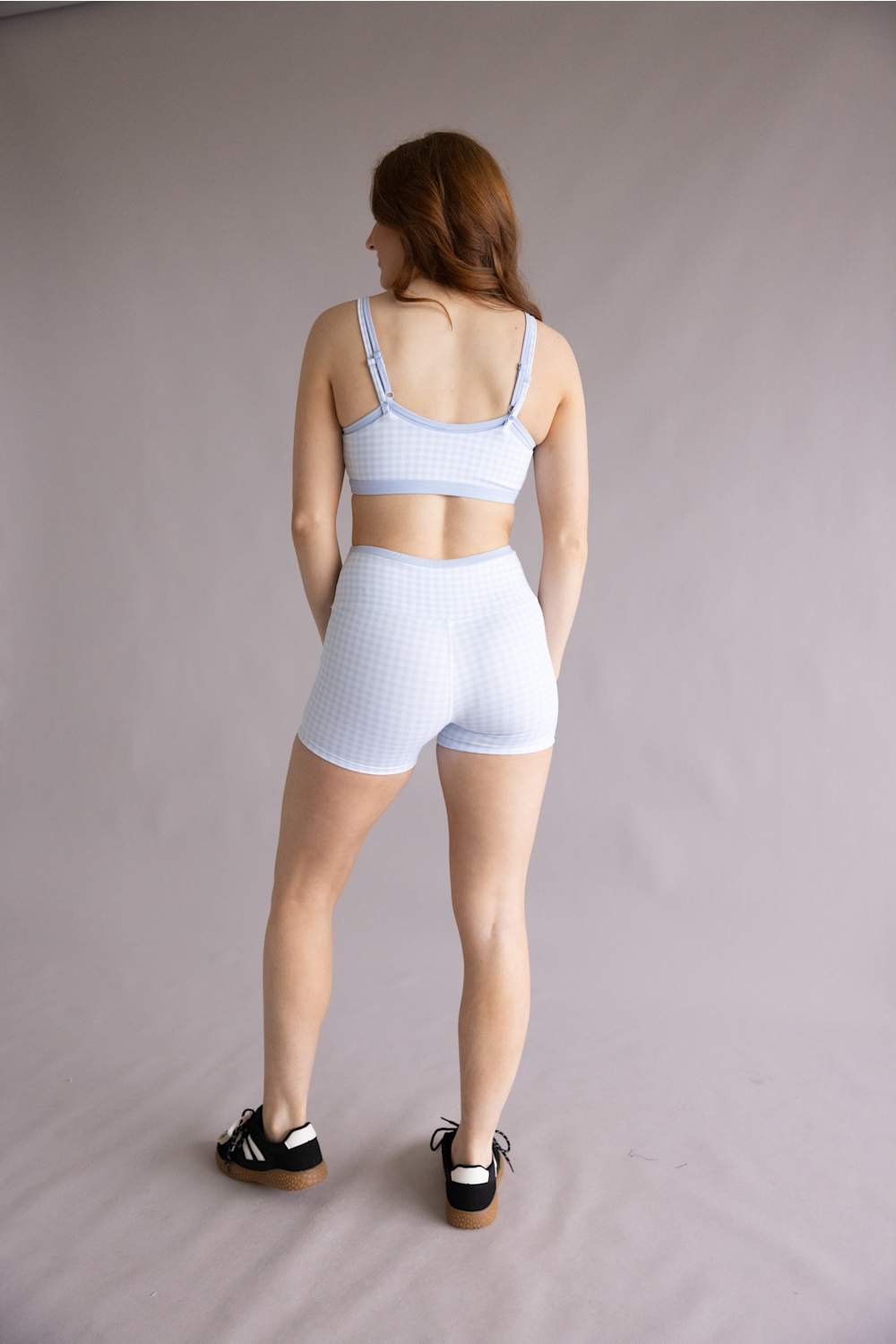 Double Layer Gingham Biker Shorts for Women in Light Blue