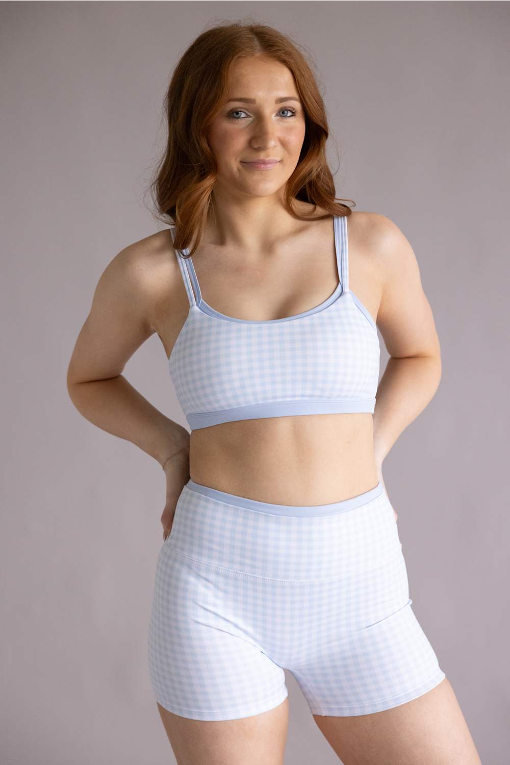 Double Layer Gingham Sports Bra for Women in Light Blue