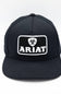 A black baseball cap featuring a white embroidered patch on the front with Ariat's logo and the word 'ARIAT'.