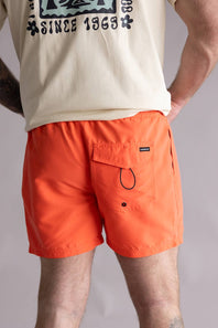 Back view of a person wearing a beige t-shirt with a graphic design and orange shorts on a plain background. The shorts are the Quiksilver Everyday Solid Volley 15" Swim Shorts for Men in Hot Coral