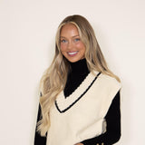 Elan Contrast Trim V-Neck Sweater Vest for Women in Cream