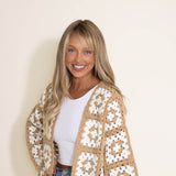 Granny Square Crochet Cropped Cardigan for Women in  Beige/White