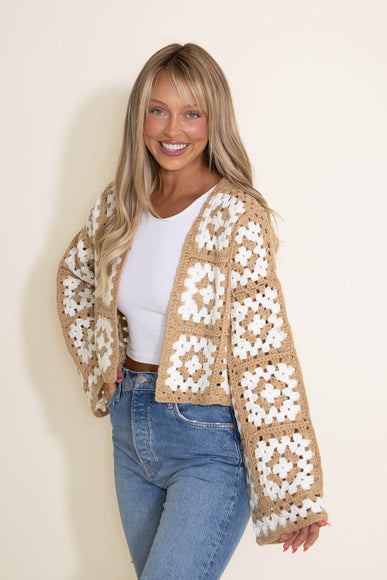 Granny Square Crochet Cropped Cardigan for Women in  Beige/White