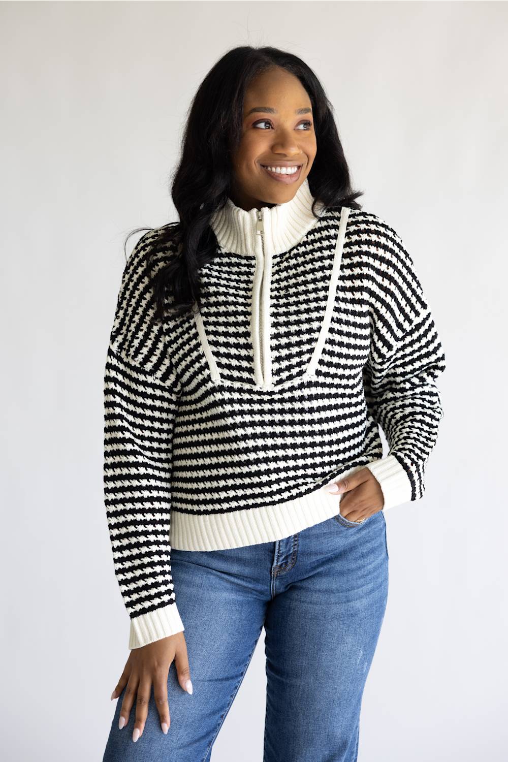Elan Half Zip Open Knit Sweater for Women in Black