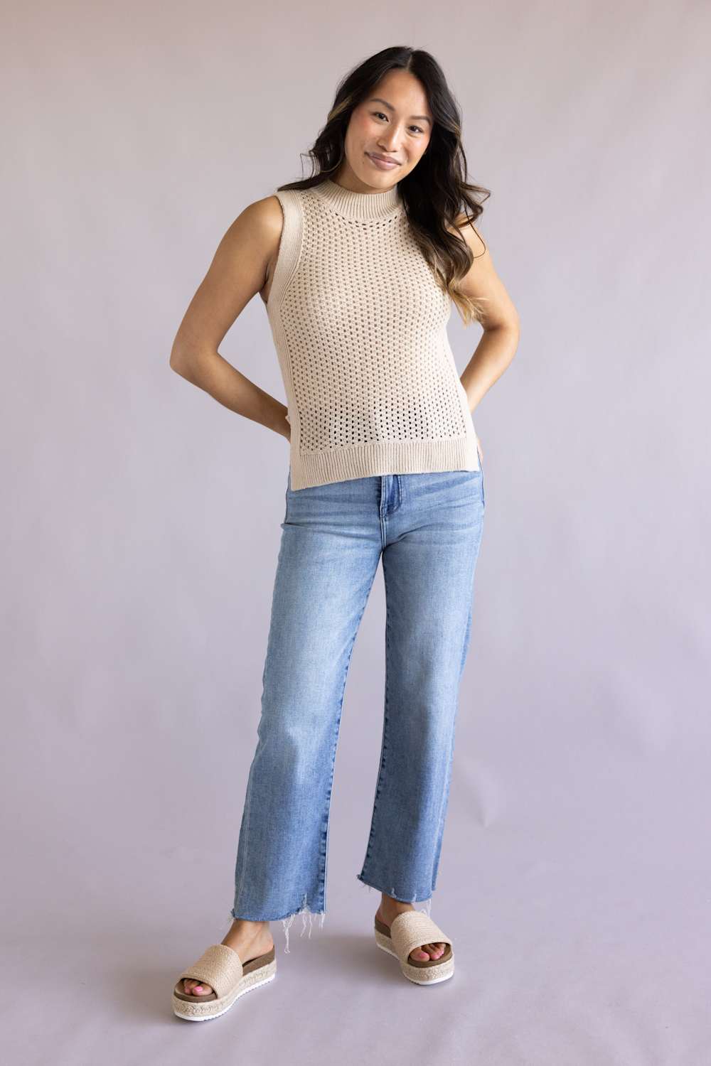 Elan Open Knit Sweater Tank for Women in Sand