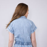 Elan Washed Denim Zip Front Tie Romper for Women in Denim