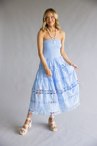 Eyelet Lace Strapless Midi Dress for Women in Blue