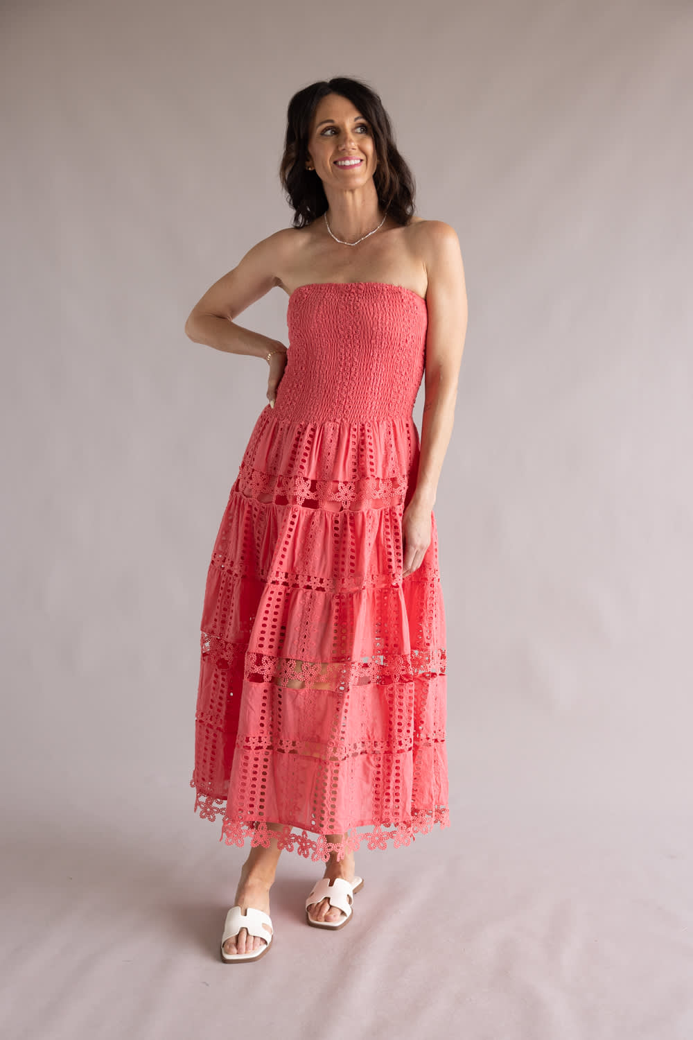 Eyelet Lace Strapless Midi Dress for Women in Coral