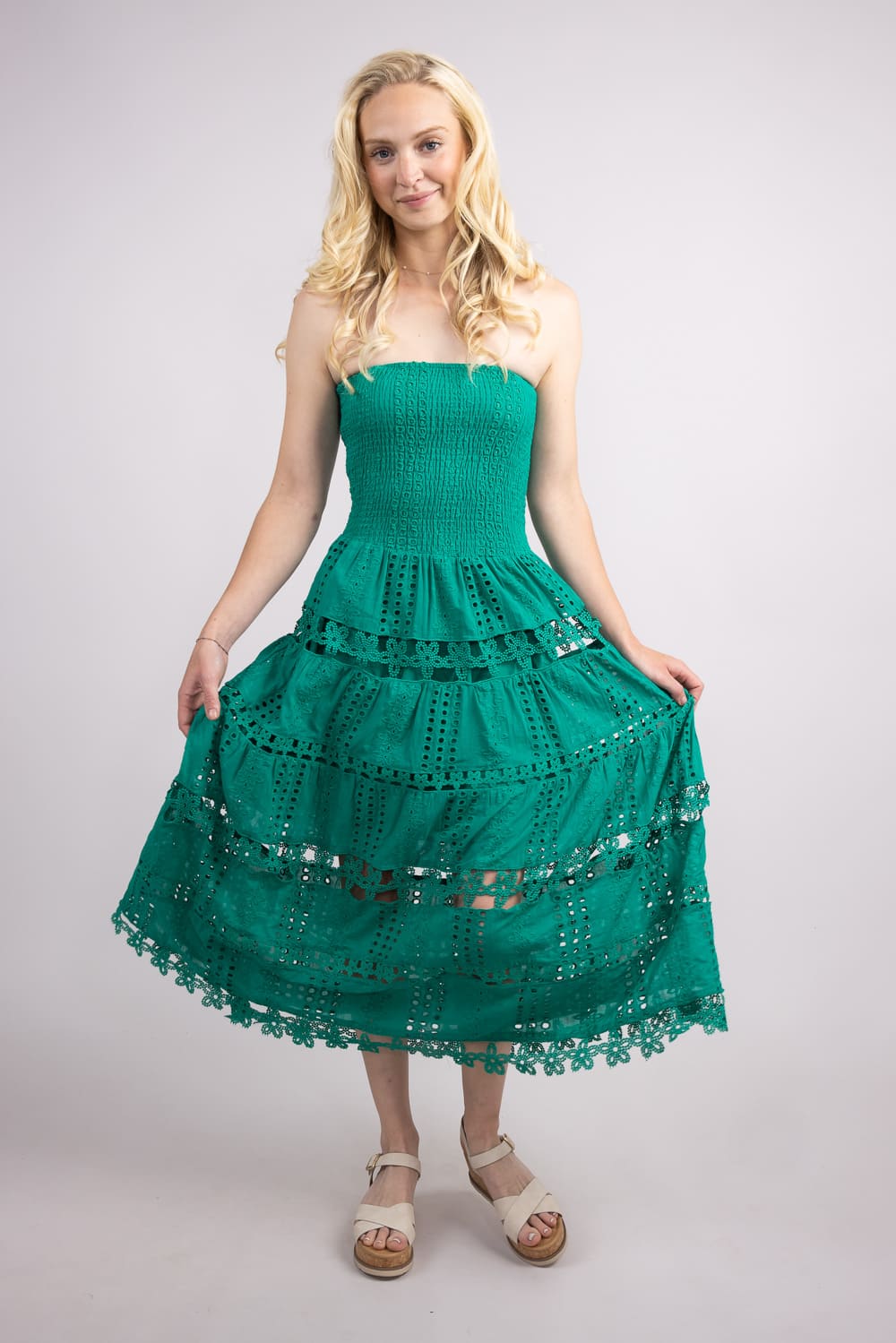 Eyelet Lace Strapless Midi Dress for Women in Emerald