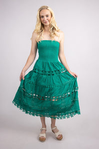 Eyelet Lace Strapless Midi Dress for Women in Emerald