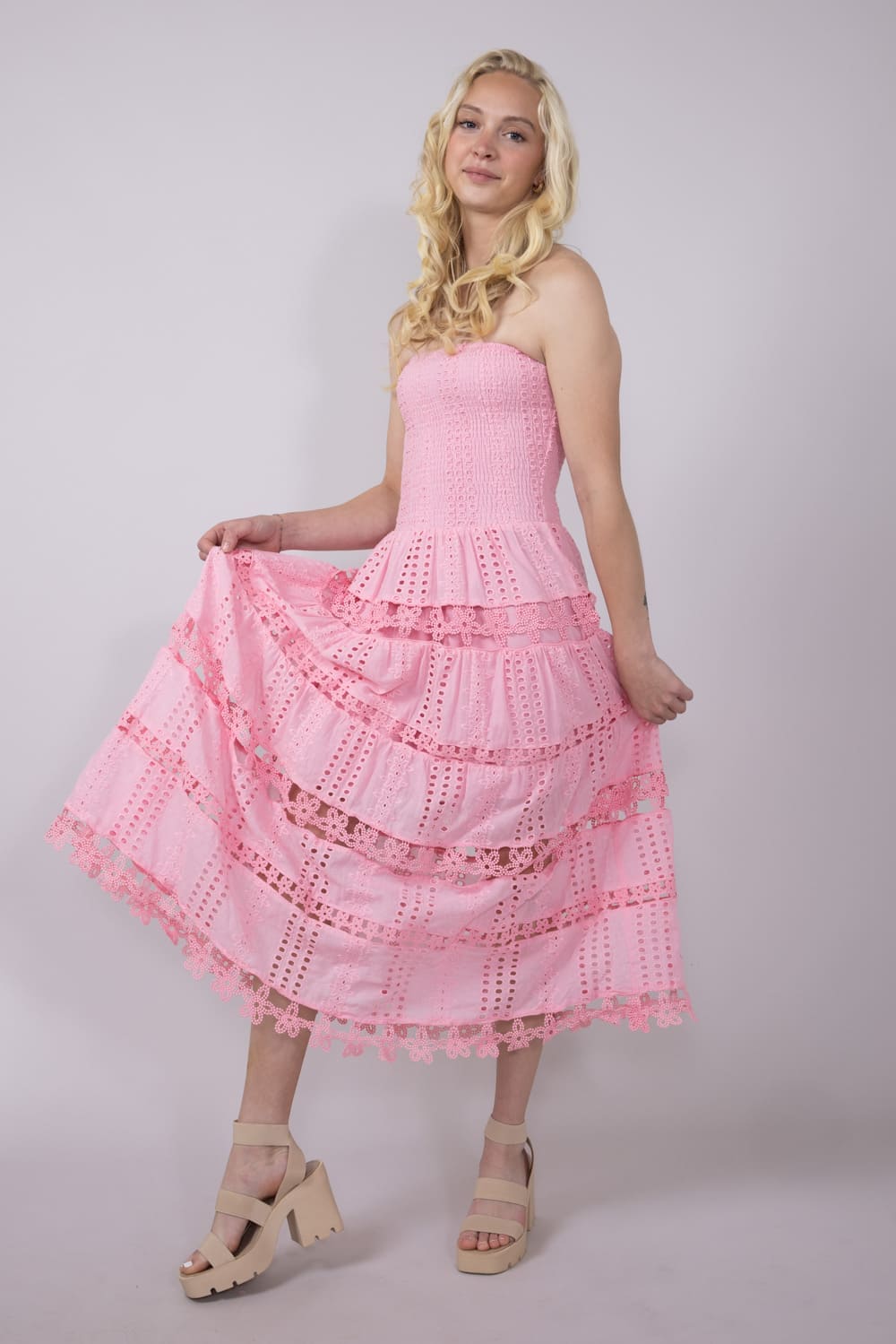 Eyelet Lace Strapless Midi Dress for Women in Pink