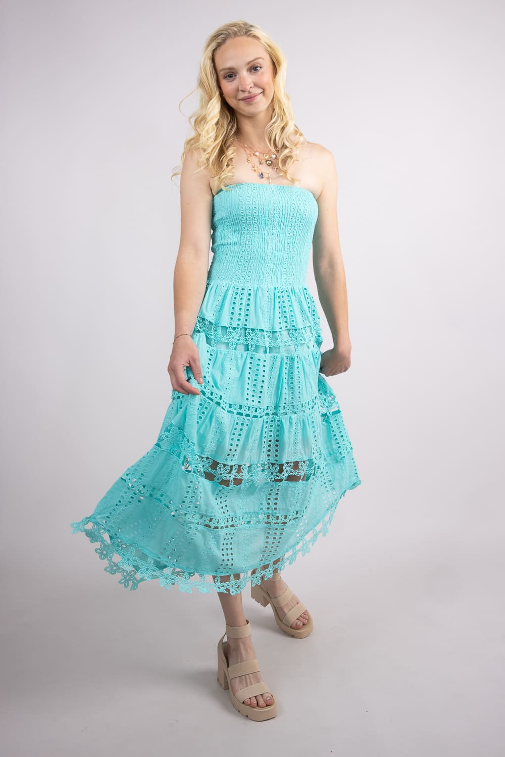 Eyelet Lace Strapless Midi Dress for Women in Tiffany Blue