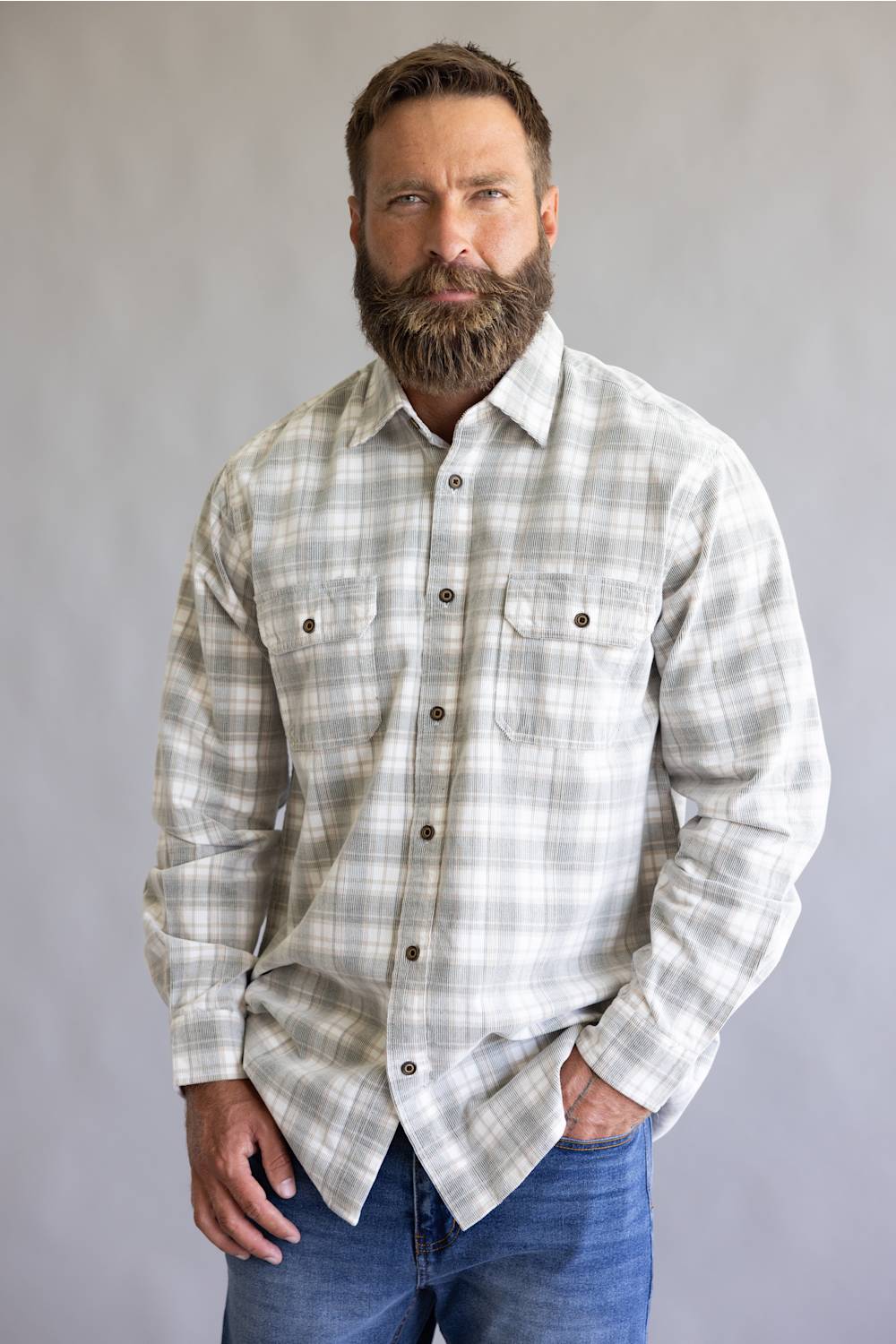 1897 Legends Corduroy Reverse Plaid Flannel Shirt for Men in Ecru Olive | F13004-ECRUOLIVE