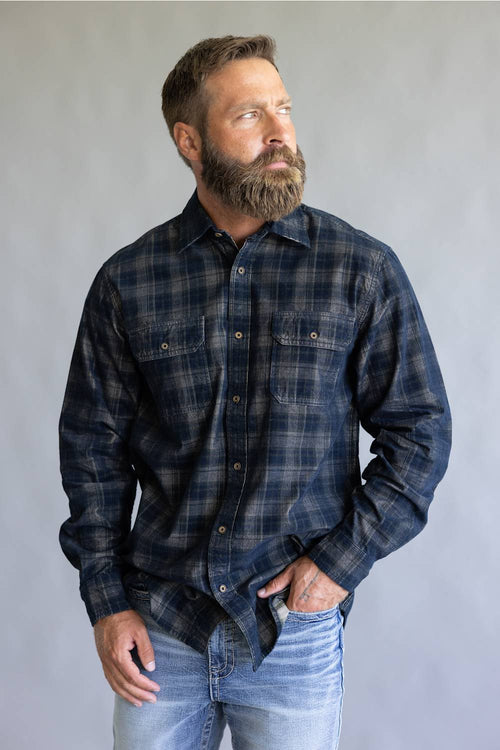 1897 Legends Corduroy Reverse Plaid Flannel Shirt for Men in Navy Olive | F13006-NAVYOLIVE