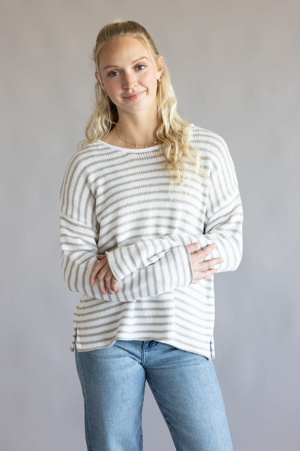 Miracle Lightweight Gauge Stripe Sweater for Women in Ivory/Silver