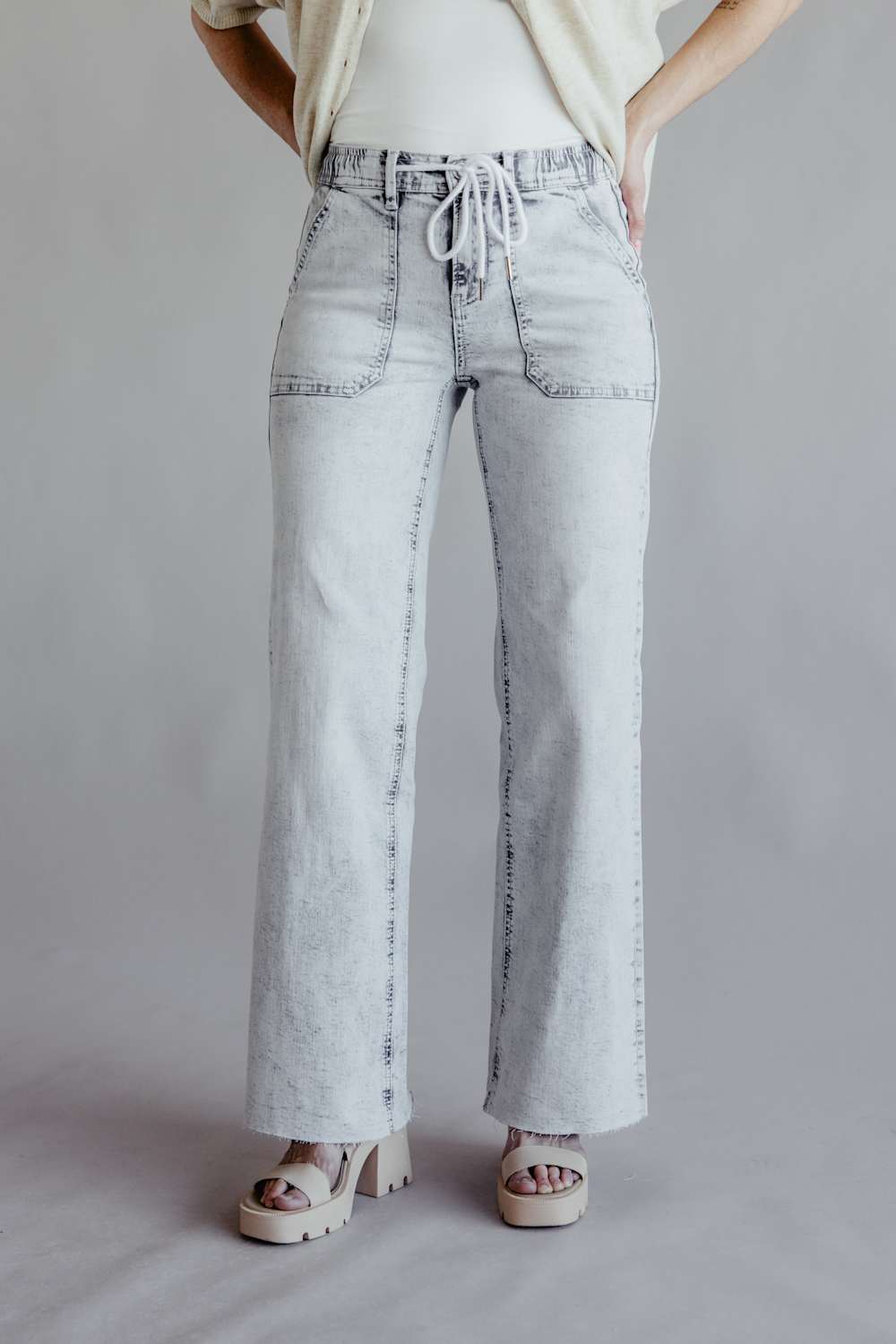 Flying Monkey High-Rise Drawstring Wide Leg Jeans for Women in Light Grey