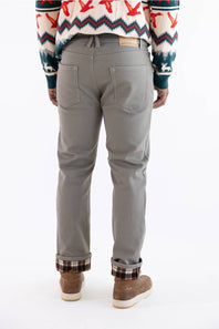 A person shown from the back wearing light gray slim-fit jeans with a patterned knit sweater and brown suede boots, photographed against a plain white studio background.