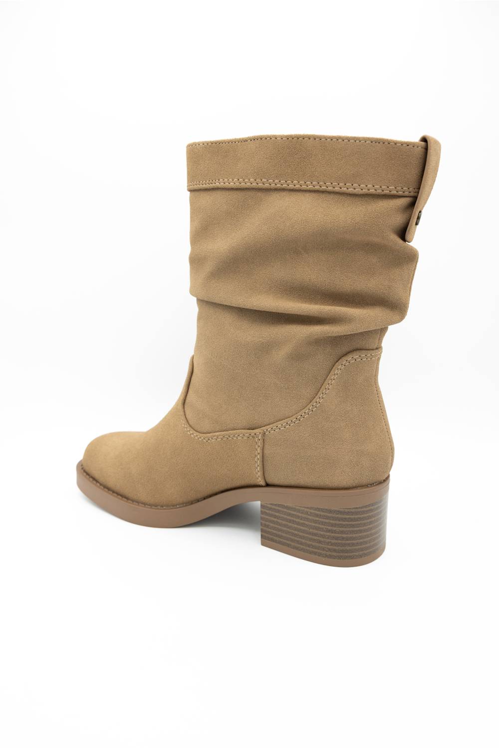 A single mid-calf boot in tan suede, shown from a side-rear angle against a plain white background.
