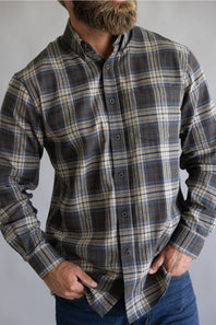 Brown and blue button down flannel shirt with long sleeves