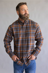 Orange and blue flannel patten, on a button down and long sleeve 