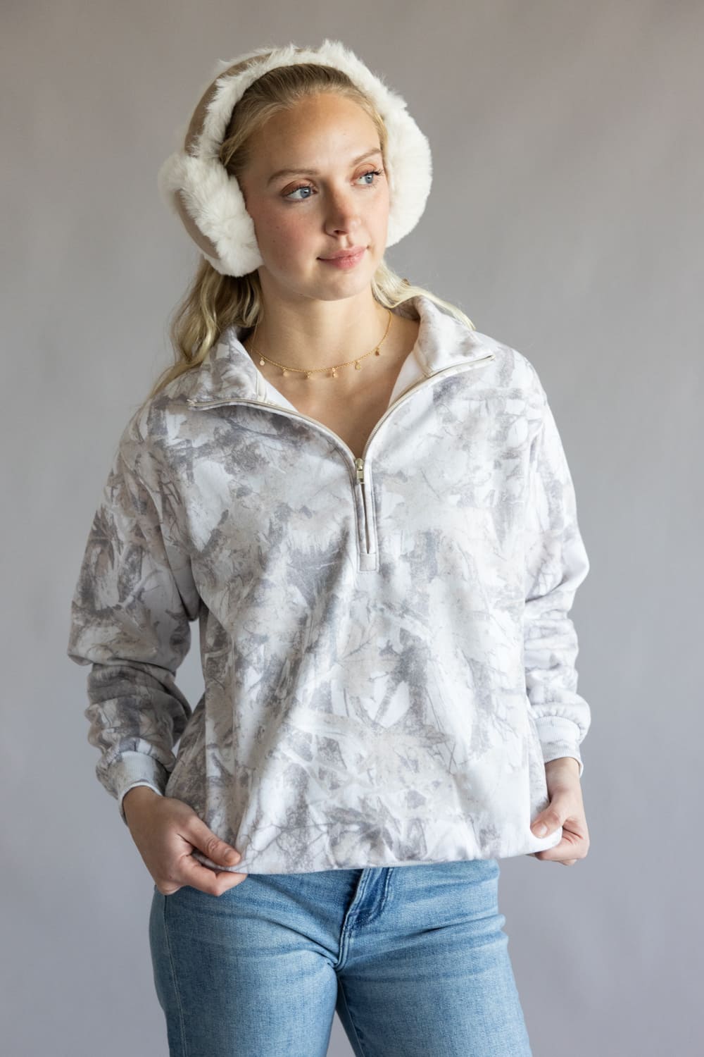 Fleece Half Zip Sweatshirt for Women in Cream Camo