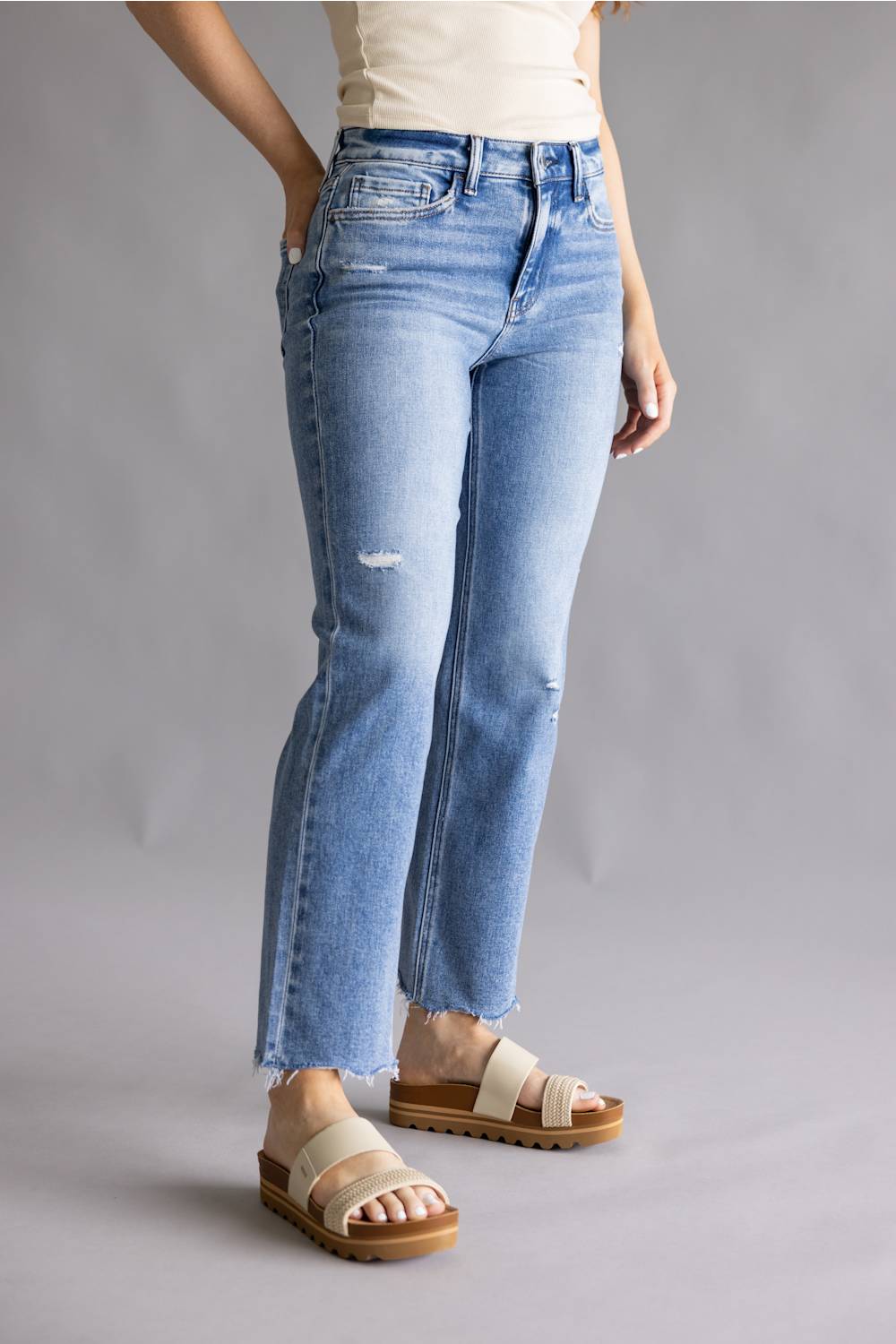 Flying Monkey High Rise Ankle Straight Fray Hem Jeans for Women
