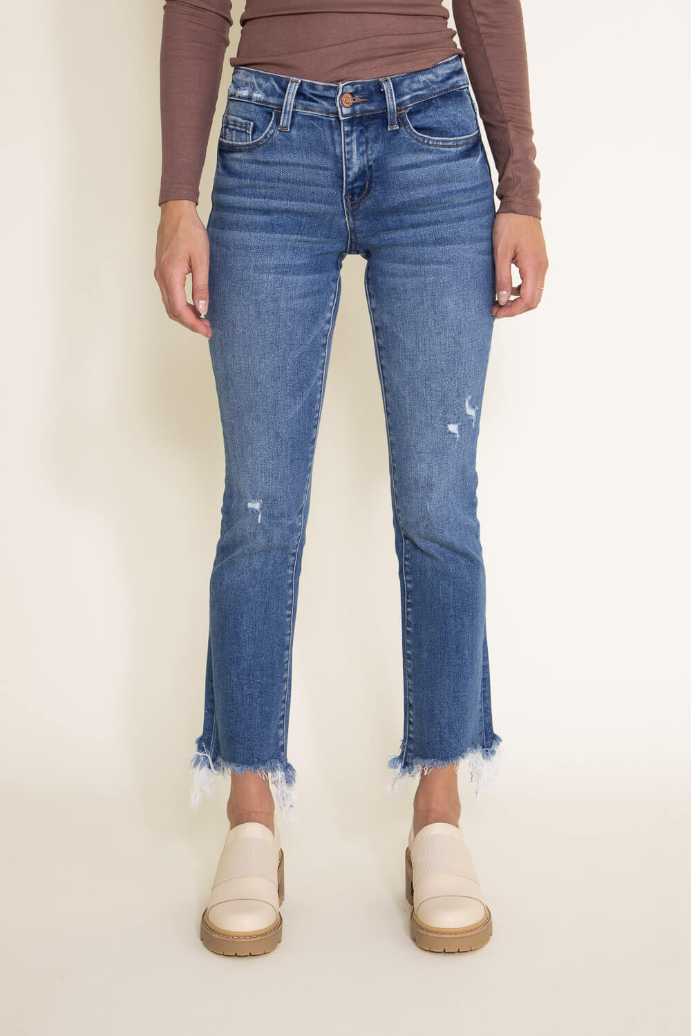 Flying Monkey Mid-Rise Destructed Hem Crop Bootcut Jeans for Women