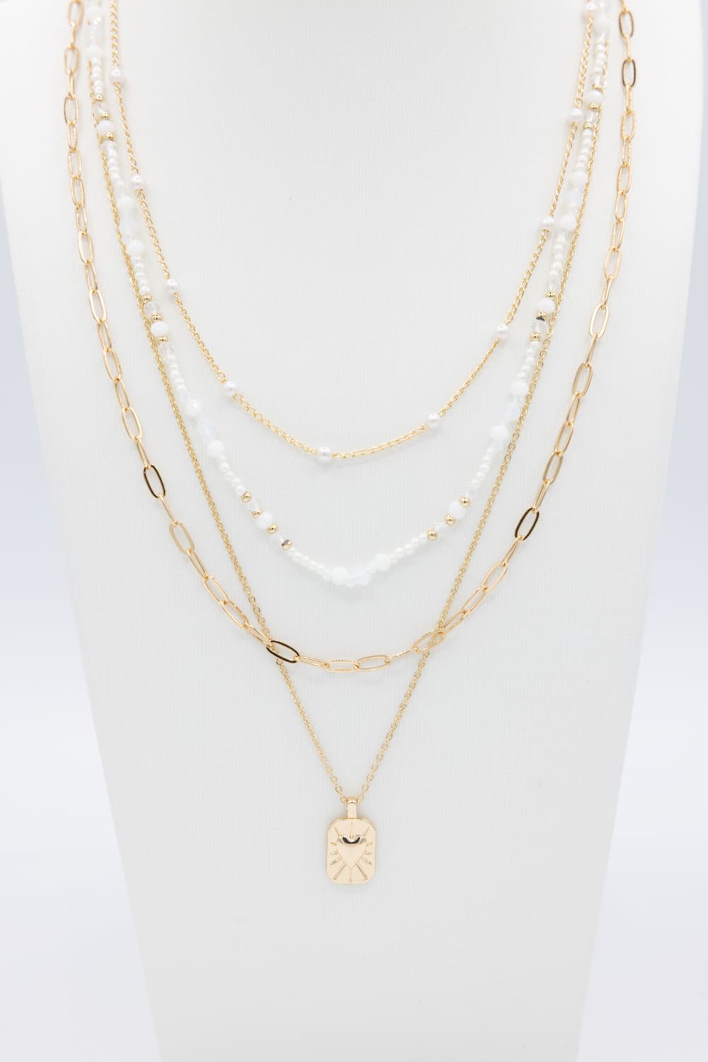 Four Layer Pearl Charm Necklace Set in Gold