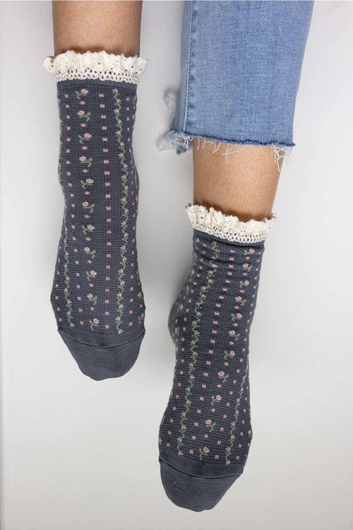 Free People Rosebud Waffle Knit Ankle Socks Charcoal
