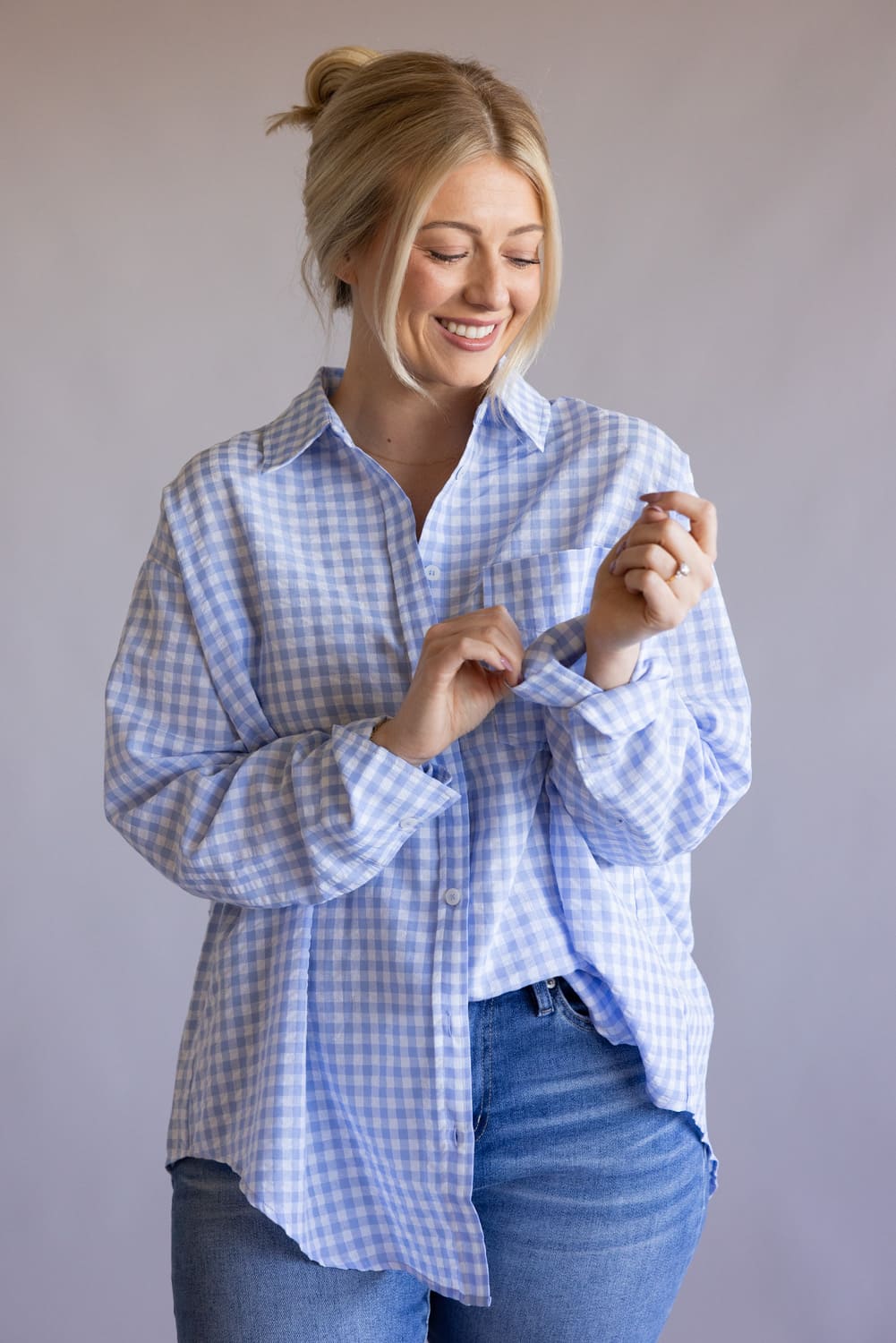 Gingham Oversized Button Up Shirt for Women in Light Blue