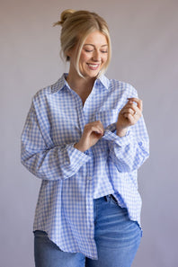 Gingham Oversized Button Up Shirt for Women in Light Blue