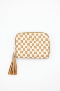 Weave Checkered Zipper Wallet for Women in Tan