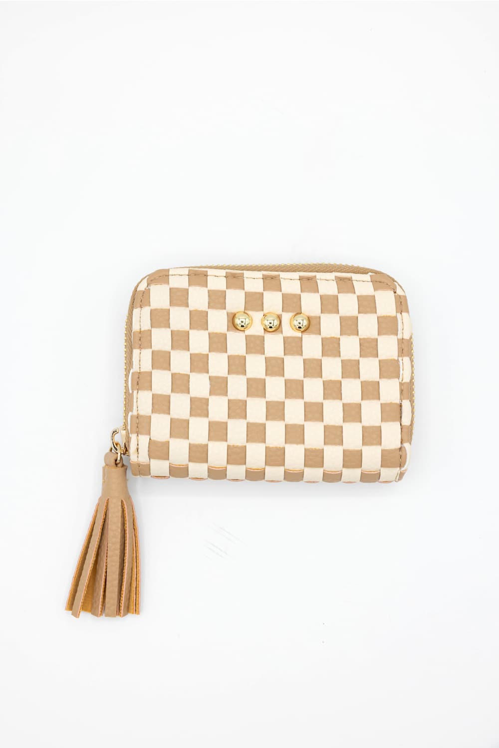Weave Checkered Zipper Wallet for Women in Tan