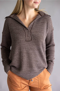 Long sleeve ribbed top in brown, with a deep collar v-neckline 