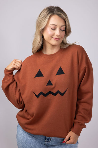 1897 Active Embroidered Pumpkin Face Sweatshirt for Women in Rust
