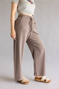 Garment Dyed Washed Tie Waist Pants for Women in Brown