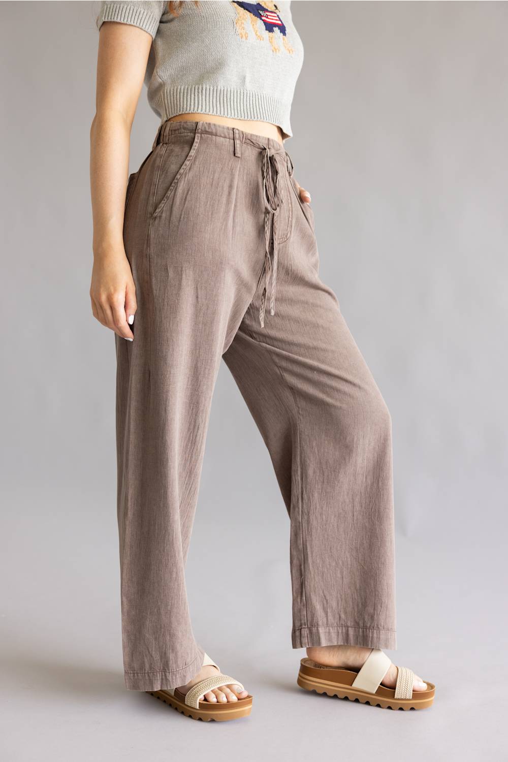Garment Dyed Washed Tie Waist Pants for Women in Brown