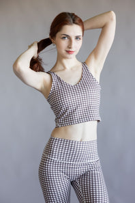 Gingham Crop Athletic Tank Top for Women in Brown/White