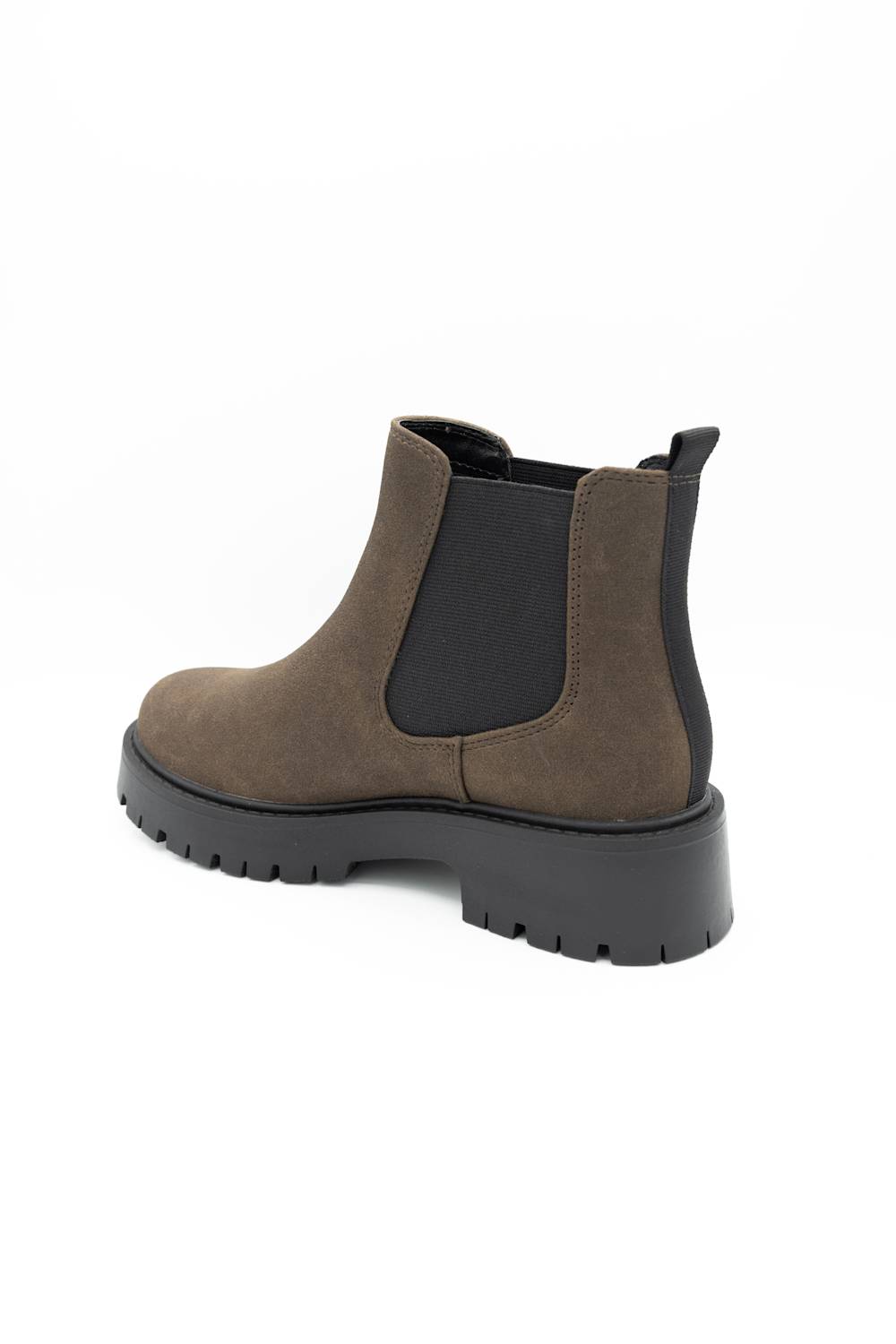A single brown suede Chelsea boot with a black elastic side panel and a chunky black sole, shown from a rear three-quarter angle on a white background.
