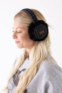 heathered knit band earmuffs with a faux fur ear piece 