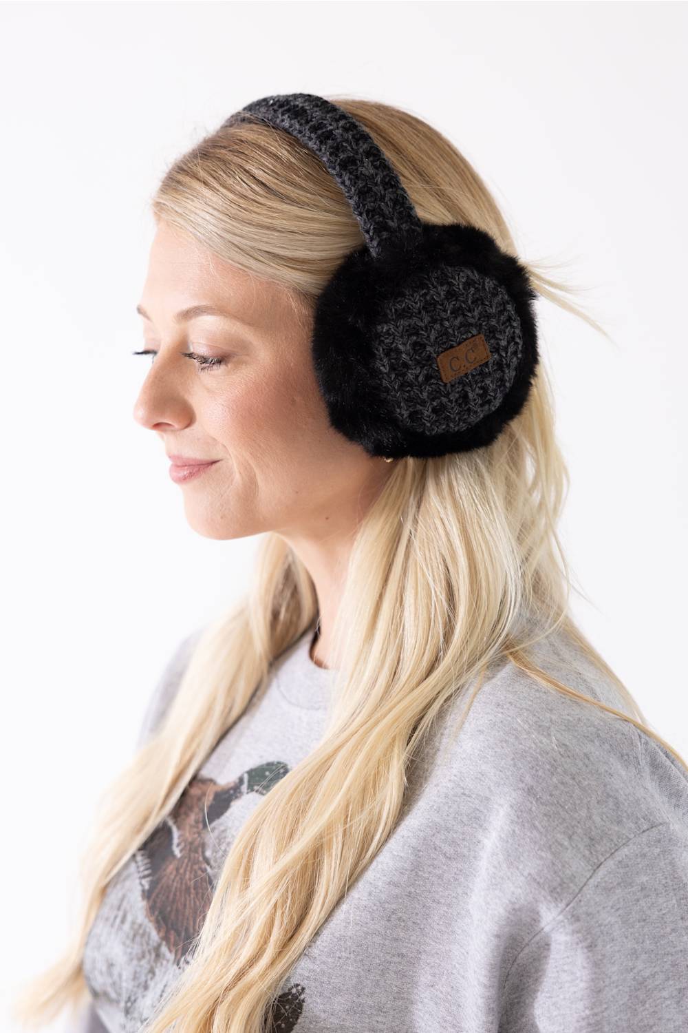 heathered knit band earmuffs with a faux fur ear piece 