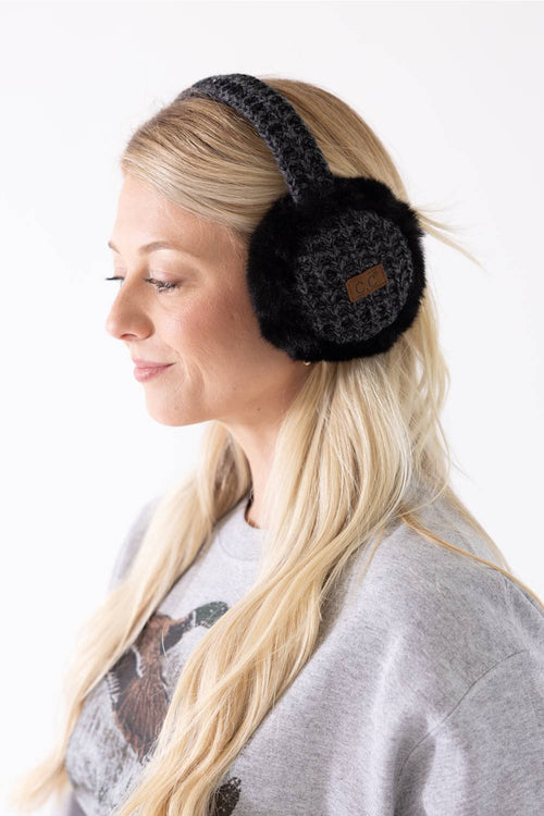 heathered knit band earmuffs with a faux fur ear piece 