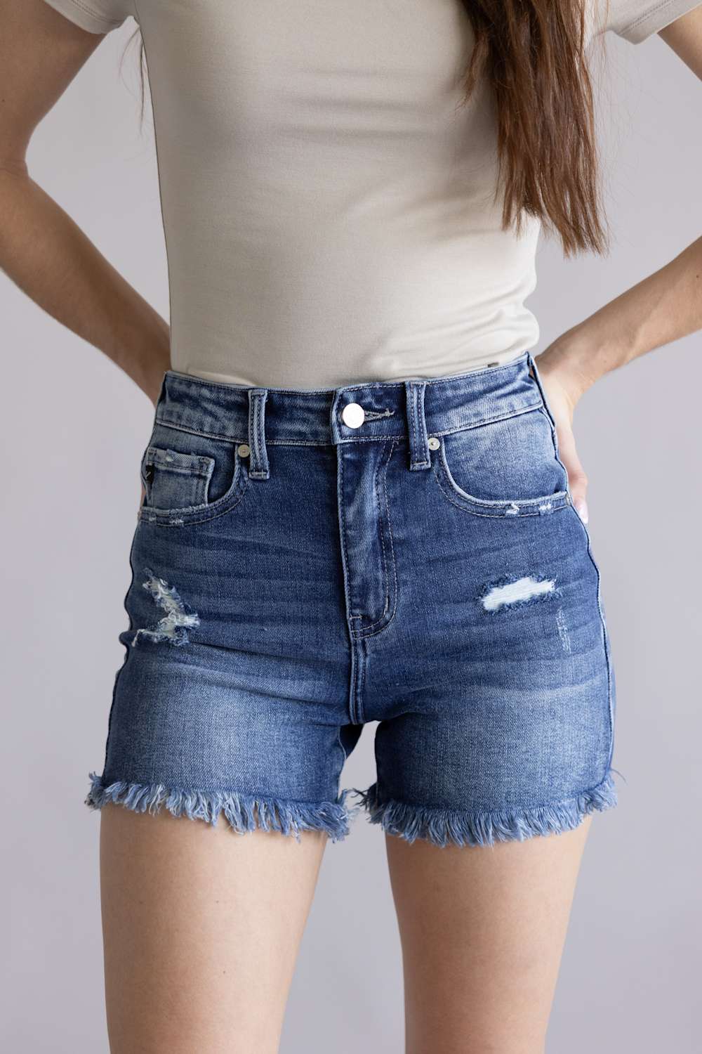 KanCan x Glik's Best Friend Fray Hem Distress Denim Shorts in Dark