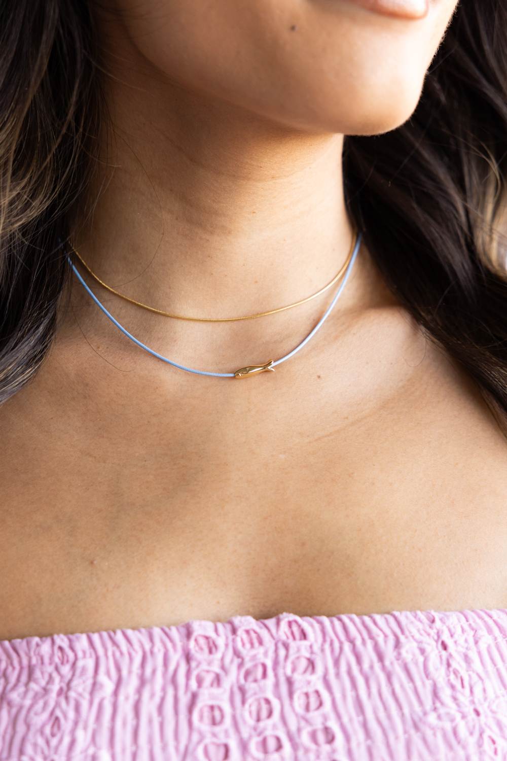 Double Layer Fish Necklace Set in Gold/Blue