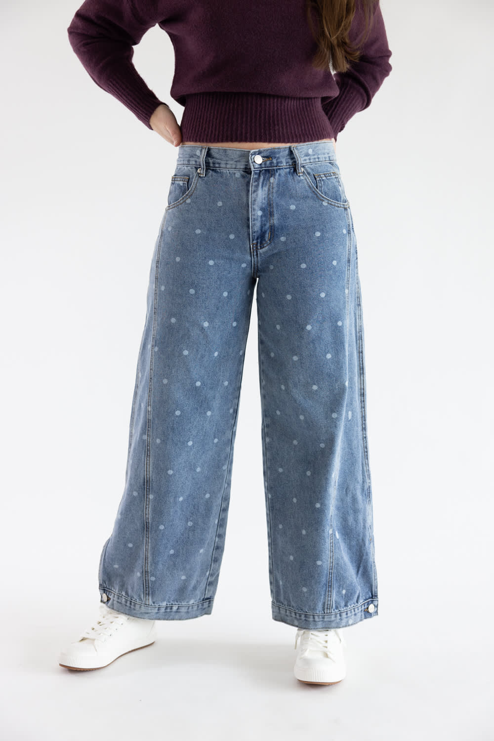 Aaron & Amber High Rise Sideseam Detailed Barrel Jeans for Women in Medium Wash | AJP5469F-POLKADOTDENIM