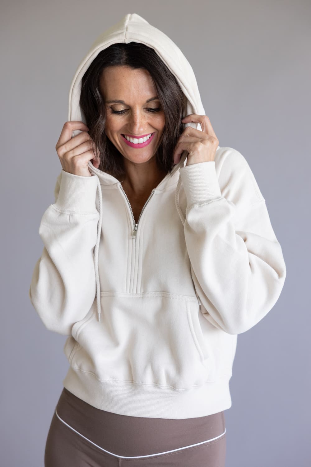 Half Zip Drawstring Fleece Hoodie for Women in Beige