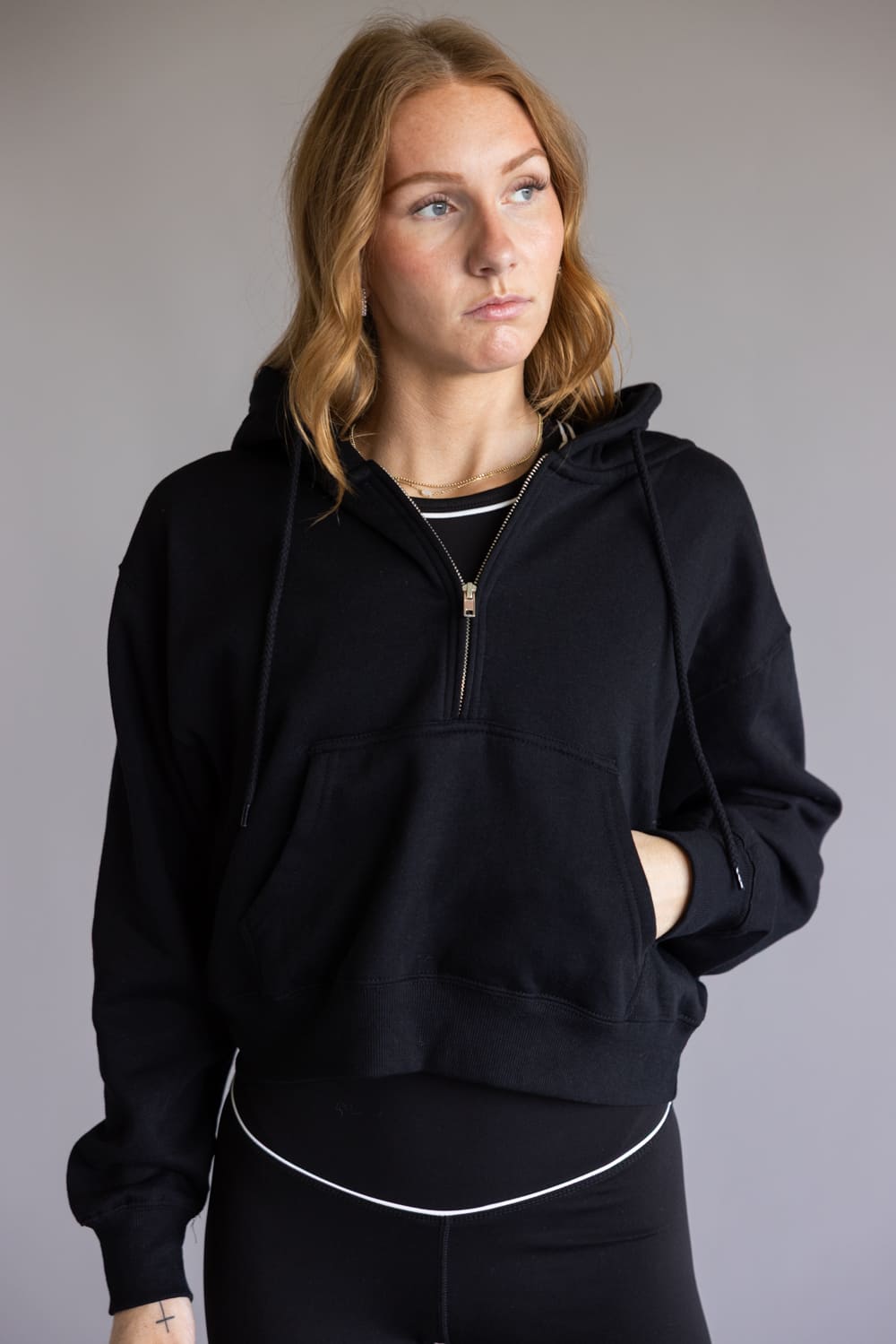 Half Zip Drawstring Fleece Hoodie for Women in Black